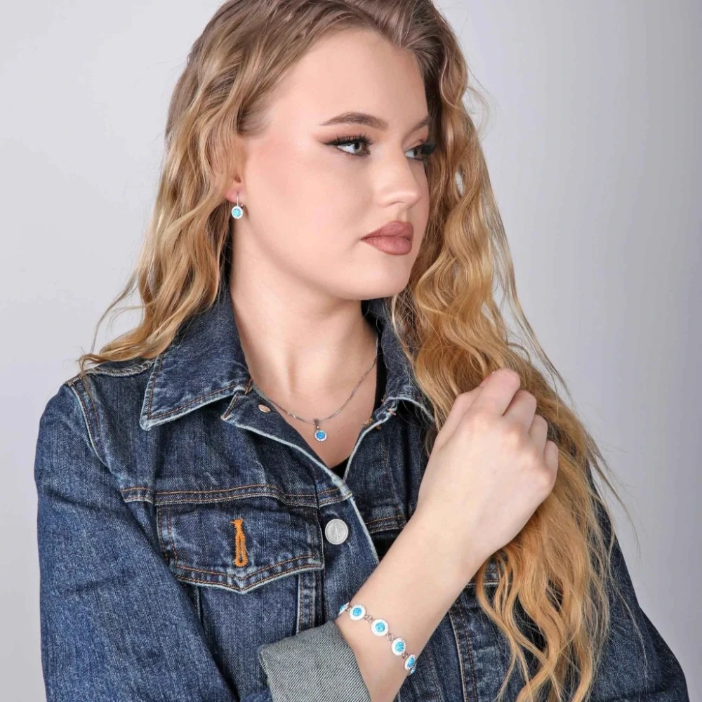 Sada šperků se syntetickým opálem a krystaly Preciosa náušnice, přívěsek a řetízek modré kulaté 39160.1